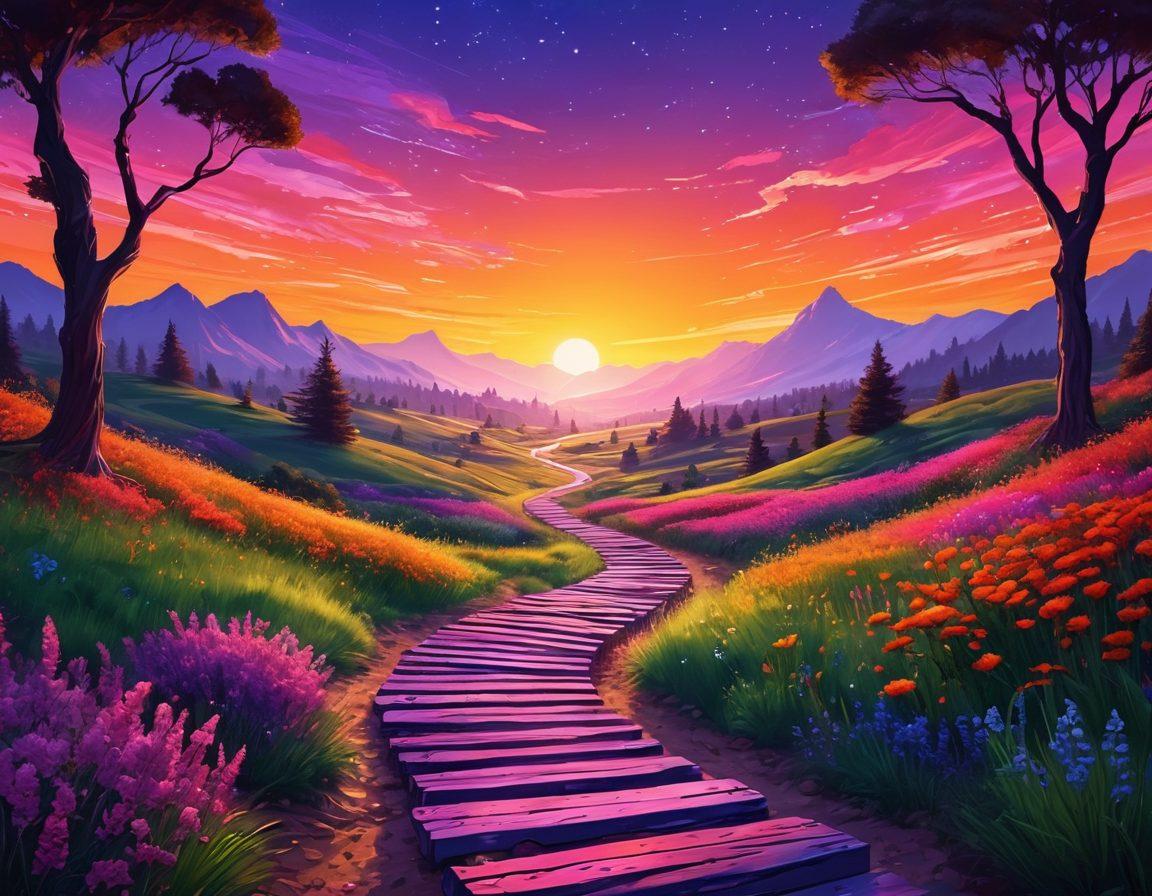 A creative journey visualized as a winding path made of glowing words and ideas leading to a bright horizon. Along the path, various blogging tools and digital devices are scattered, symbolizing the transition from thought to action. The scene is vibrant with colors, portraying ambition and creativity with silhouettes of diverse bloggers engaging in their craft. Include elements of nature intertwined with technology, highlighting inspiration in the digital age. digital painting. vibrant colors. 3D effect.