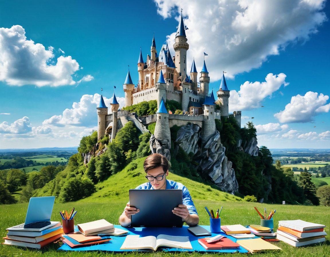 A majestic castle made of books, symbolizing a blogging empire, surrounded by various colorful tools like laptops, pens, and a digital tablet floating in the air. In the foreground, a person writing enthusiastically on a notepad, with a lush green landscape and a bright blue sky in the background. The scene should radiate creativity and inspiration. vibrant colors. fantasy art.