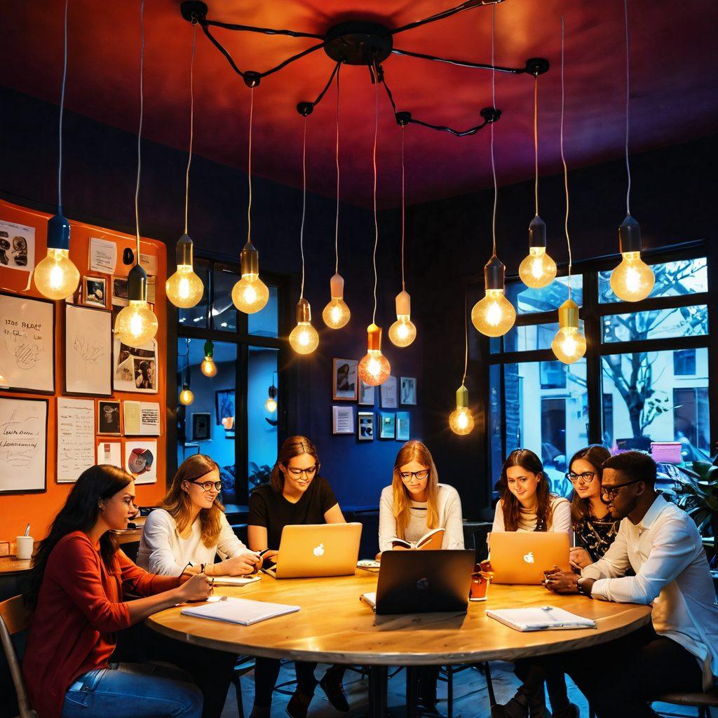 A vibrant and dynamic scene showcasing a diverse group of bloggers passionately sharing ideas at a cafe, surrounded by floating symbols of creativity like light bulbs, notebooks, and laptops. The atmosphere is filled with energy, capturing the essence of collaboration and innovation in the blogosphere. Include splashes of color to represent various blogging topics, with a warm, inviting ambiance. super-realistic. vibrant colors. soft focus.